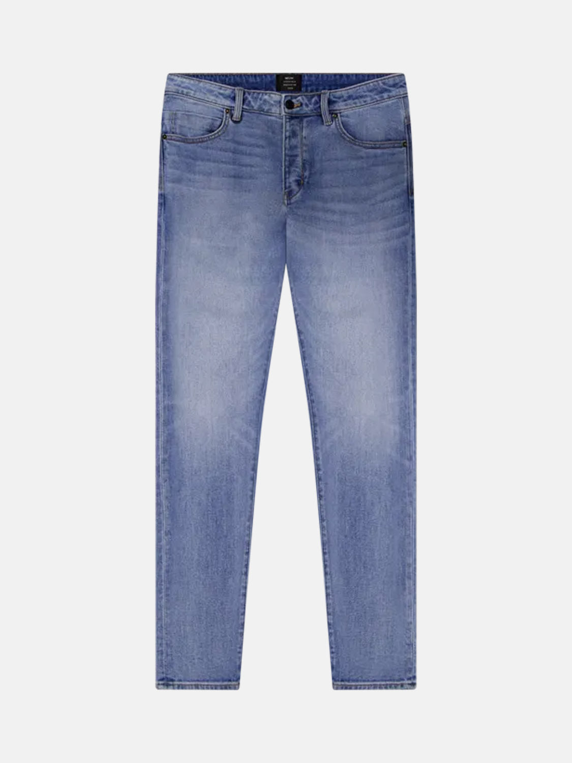 The Neuw Lou Slim Fazer jeans are light blue, slim-fit, and made from organic cotton with a classic five-pocket design and button-zip closure, shown against a white background.