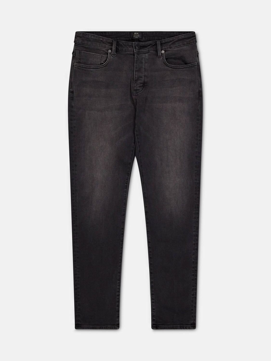 The Neuw Lou Slim Moonshake jeans, in black premium stretch denim with a subtle faded finish, feature a slim fit, five pockets, belt loops, and button closure—shown laid flat on a white background.