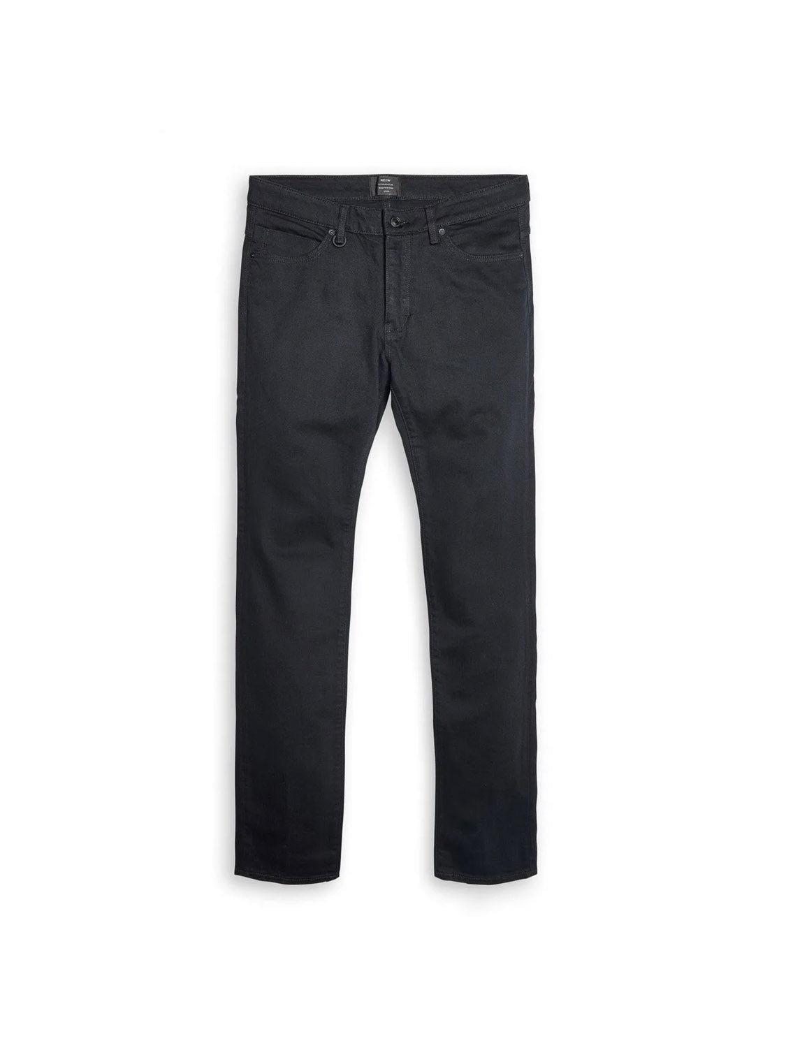 The Neuw Lou Slim Forever Black jeans feature a slim fit, classic five-pocket design, comfort stretch fabric, belt loops, and button closure, shown laid flat on a white background.