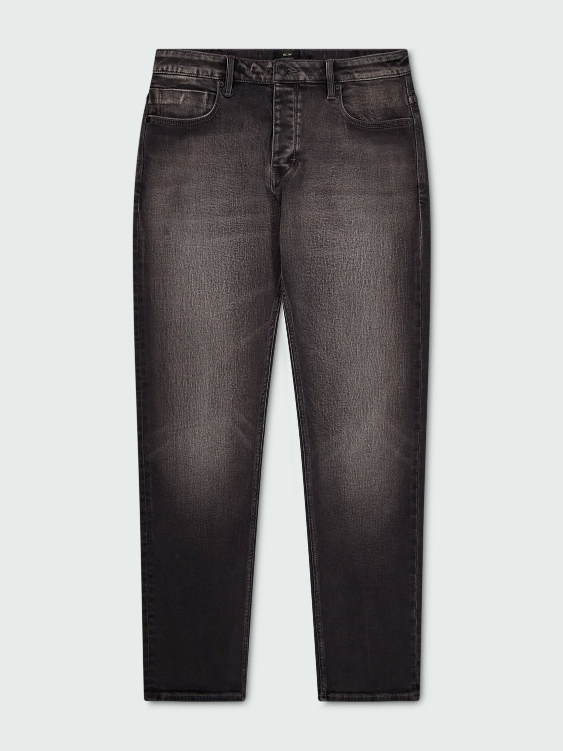 The Neuw Lou Straight Argent jeans feature a relaxed straight leg, classic five-pocket style, and premium stretch denim in black with faded details on the front thighs and knees, shown on a light gray background.