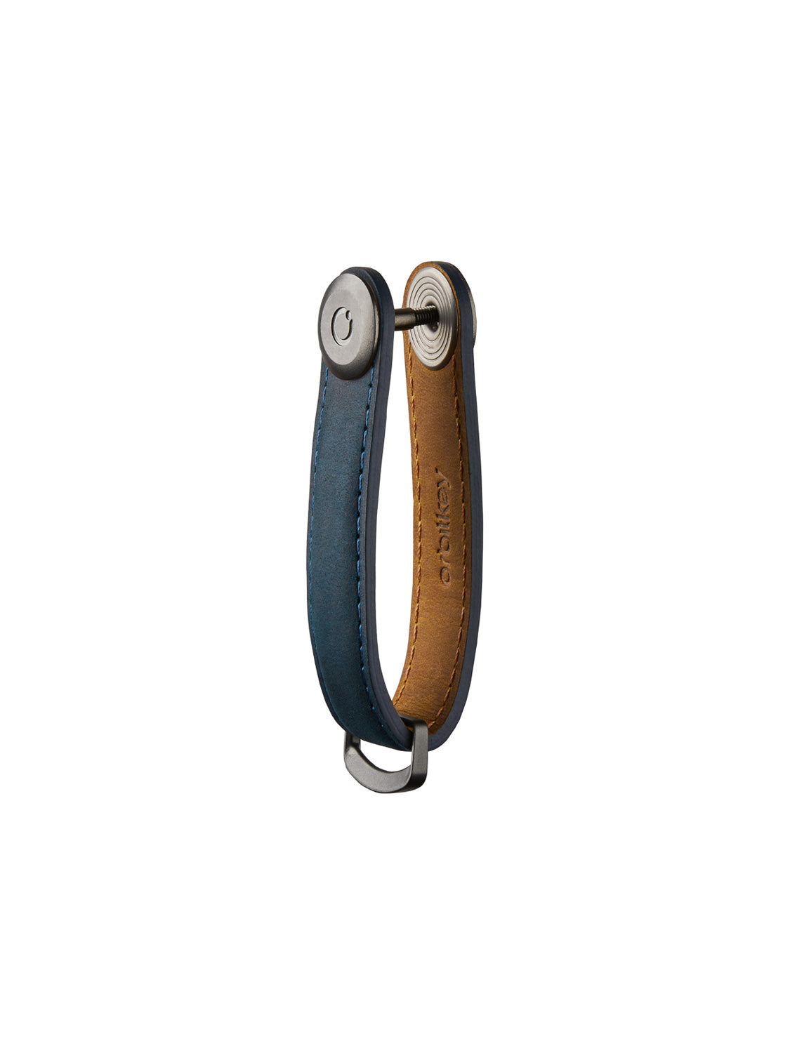 The Orbitkeys Key Organizer Crazy-Horse Cowhide Leather is a blue and tan leather key holder with metal screws, designed to neatly organize multiple keys.