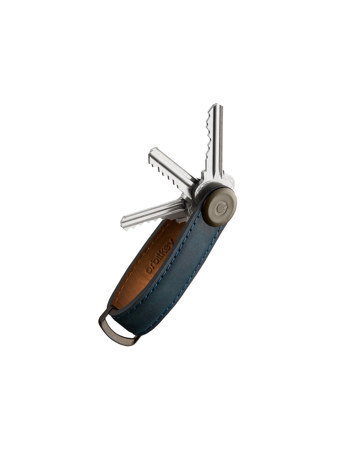 The Orbitkeys Key Organizer Crazy-Horse Cowhide Leather features a blue and brown leather strap, neatly stacking and fanning several silver keys for compact organization.
