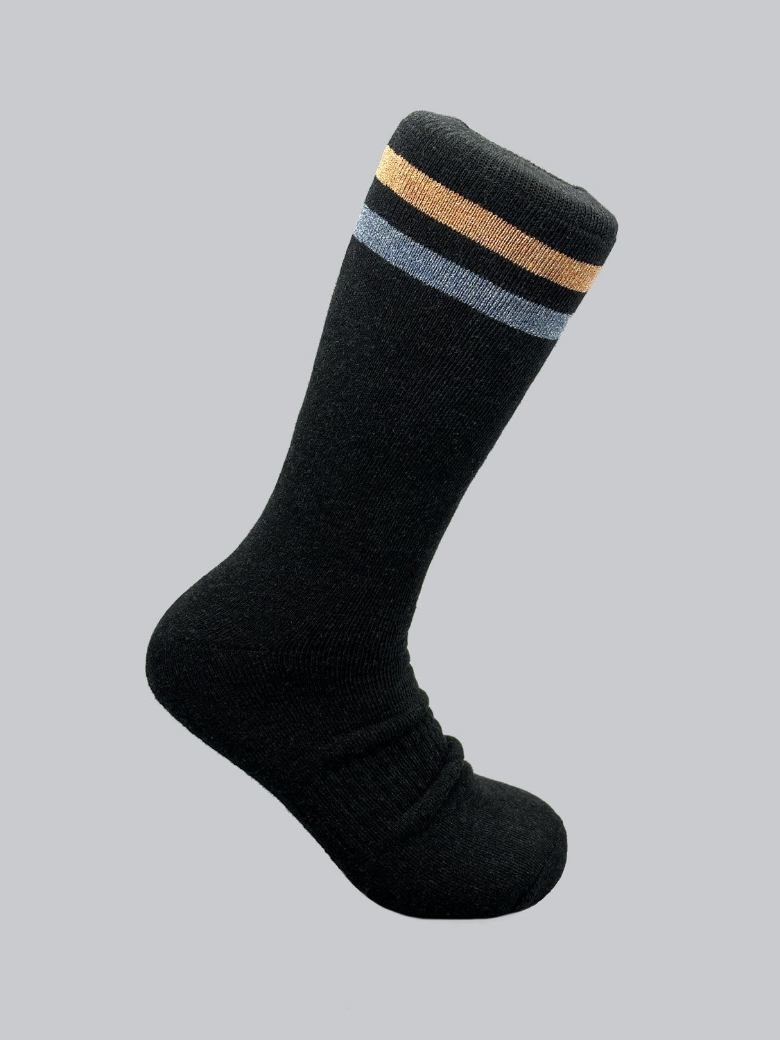 The Rutland Cotton Melange Sock by ID Menswear is a winter essential, featuring yellow and blue stripes near the top against its black premium cotton. It stands out beautifully on a plain gray background.