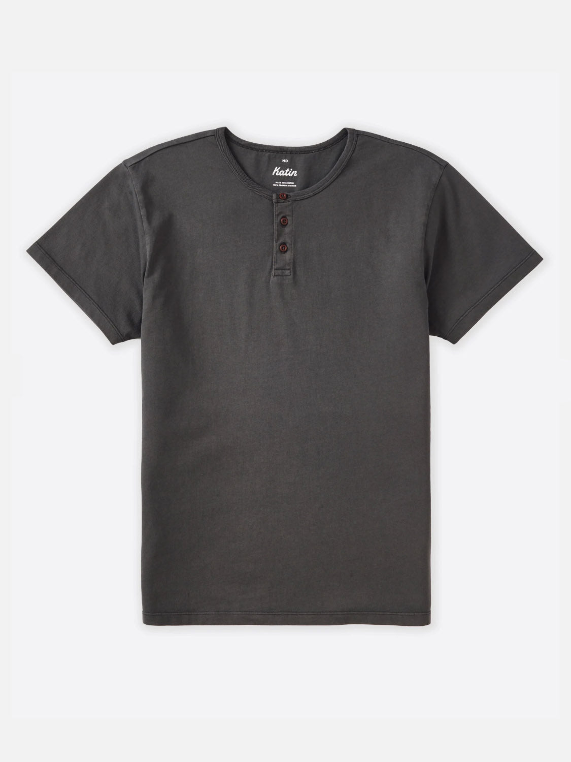 The Katin Mesa Henley is a men’s short-sleeve t-shirt in dark gray with three buttons at the collar, shown on a white background.