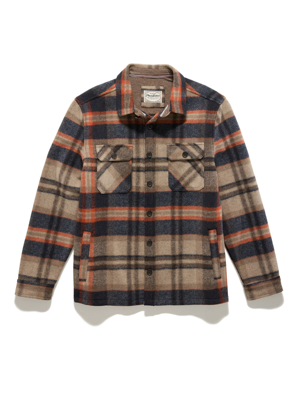 The Flag and Anthem Midland Jacket is a men's button-up plaid shirt jacket in beige, brown, navy, and red, made with brushed fabric and featuring two chest pockets with flaps and buttons.