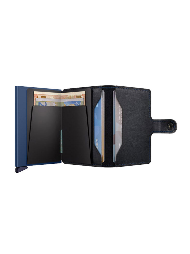 The Secrid Miniwallet Original by Secrid is an open black wallet made from premium European leather, featuring a snap closure, organized euro banknotes and cards, multiple slots, RFID security, and shown against a white background.