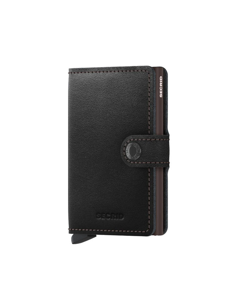 The Secrid Miniwallet Original is a compact black wallet made from premium European leather, featuring visible stitching, a snap closure, RFID security, and an embossed Secrid logo—shown upright against a plain white background.