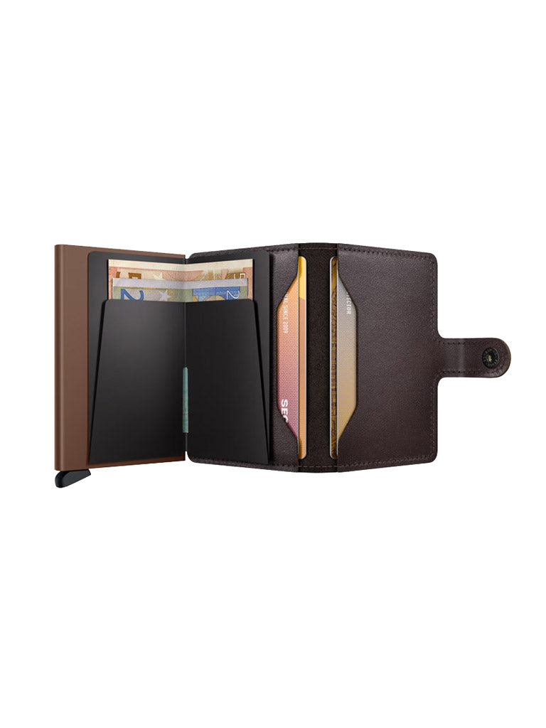 The Secrid Miniwallet Original by Secrid is a brown European leather wallet with an open snap closure, featuring card slots, cash space, built-in RFID protection, and room for credit cards.