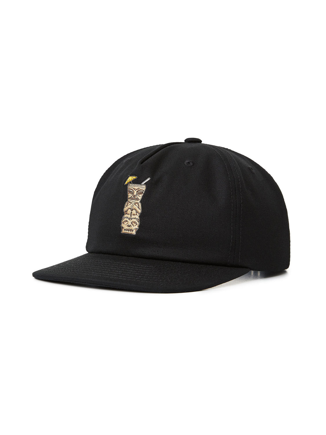 The Katin Mixer Hat is a black cotton twill baseball cap with a tiki face embroidered design and a small bird on top. It features a curved brim and an adjustable snapback closure for the perfect fit.