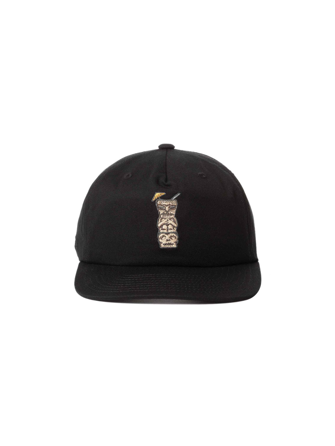 The Katin Mixer Hat is a black cotton twill baseball cap with a stylized tiki mask and torch embroidered above the brim. It features a classic round crown and an adjustable Snapback closure for the perfect fit.