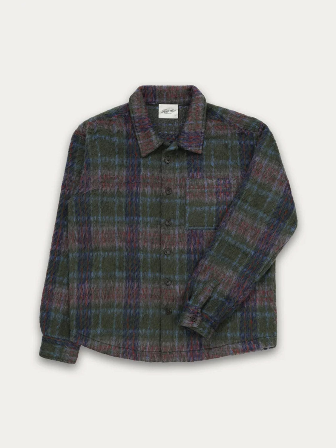 The Kuwalla Faux Mohair Shirt features long sleeves, a multi-colored plaid pattern in green, blue, red, and purple, a classic collar, and a chest pocket. It is displayed laid flat on a white background.