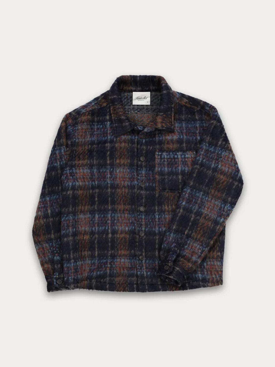 The Kuwalla Faux Mohair Shirt features long sleeves, a classic collar, blue-brown-black plaid, and a chest pocket. It is displayed laid flat on a white background.