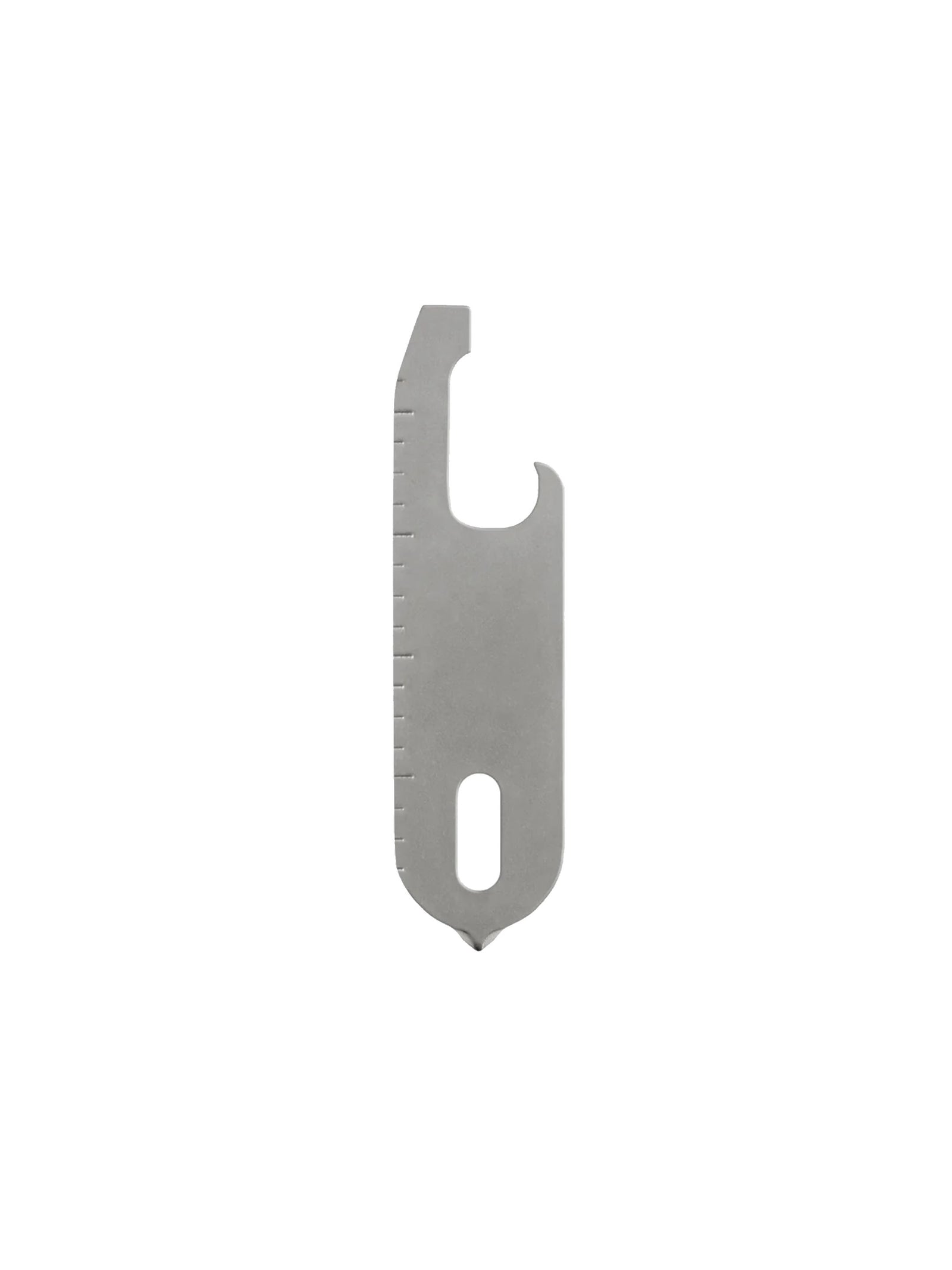 The Orbitkeys Multi Tool V2 A Handy Little Tool is a compact, flat stainless steel tool featuring a bottle opener, a small ruler along one edge, and an oval hole near the bottom, shown isolated on a white background.