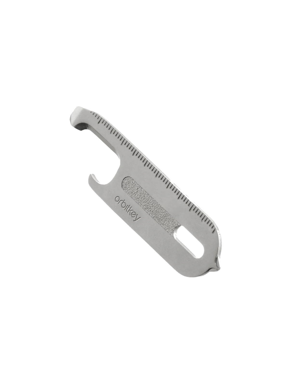 The Orbitkeys Multi Tool V2 A Handy Little Tool is a compact silver stainless steel tool featuring a bottle opener, flathead tip, ruler markings, and a keyring hole. "Orbitkey" is engraved on its surface.