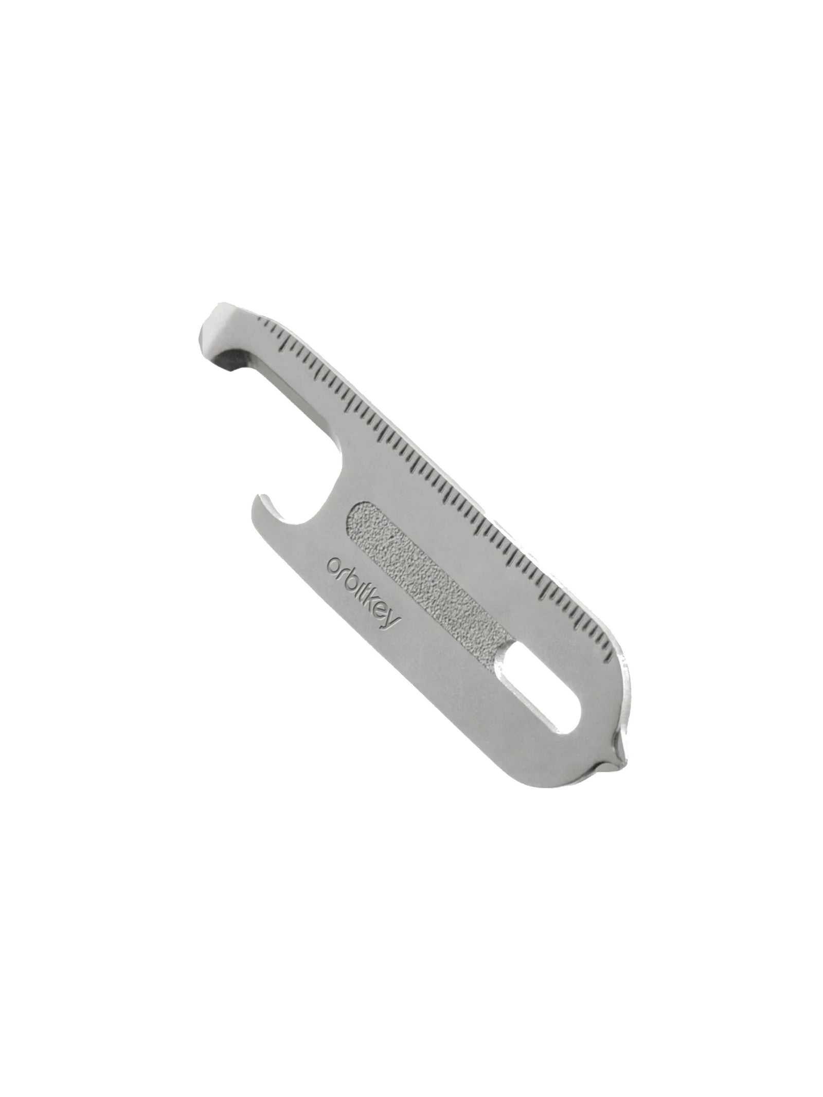 The Orbitkeys Multi Tool V2 A Handy Little Tool is a compact silver stainless steel tool featuring a bottle opener, flathead tip, ruler markings, and a keyring hole. "Orbitkey" is engraved on its surface.
