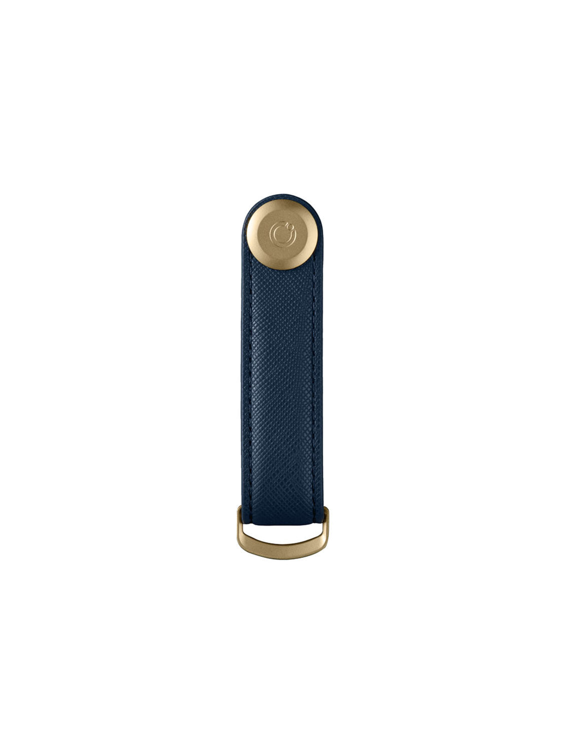 The Orbitkeys Key Organizer Saffiano Leather in blue features a gold button at the top and a gold D-ring keychain at the bottom, shown on a white background.