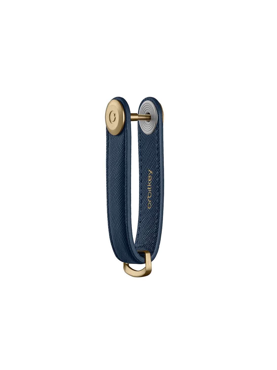 The Orbitkeys Key Organizer Saffiano Leather is a blue saffiano leather key organizer with gold hardware, including a screw and ring, and features the word "Orbitkey" embossed in gold on the strap for a sleek, modern look.