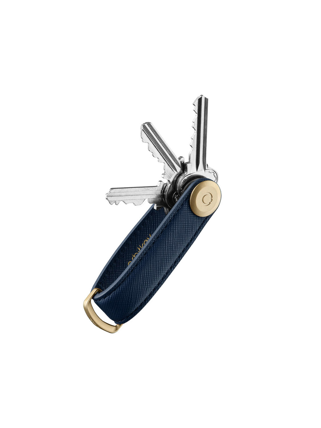The Orbitkeys Key Organizer Saffiano Leather is a compact navy blue key holder with gold accents, featuring neatly stacked silver keys that fan out for easy access.
