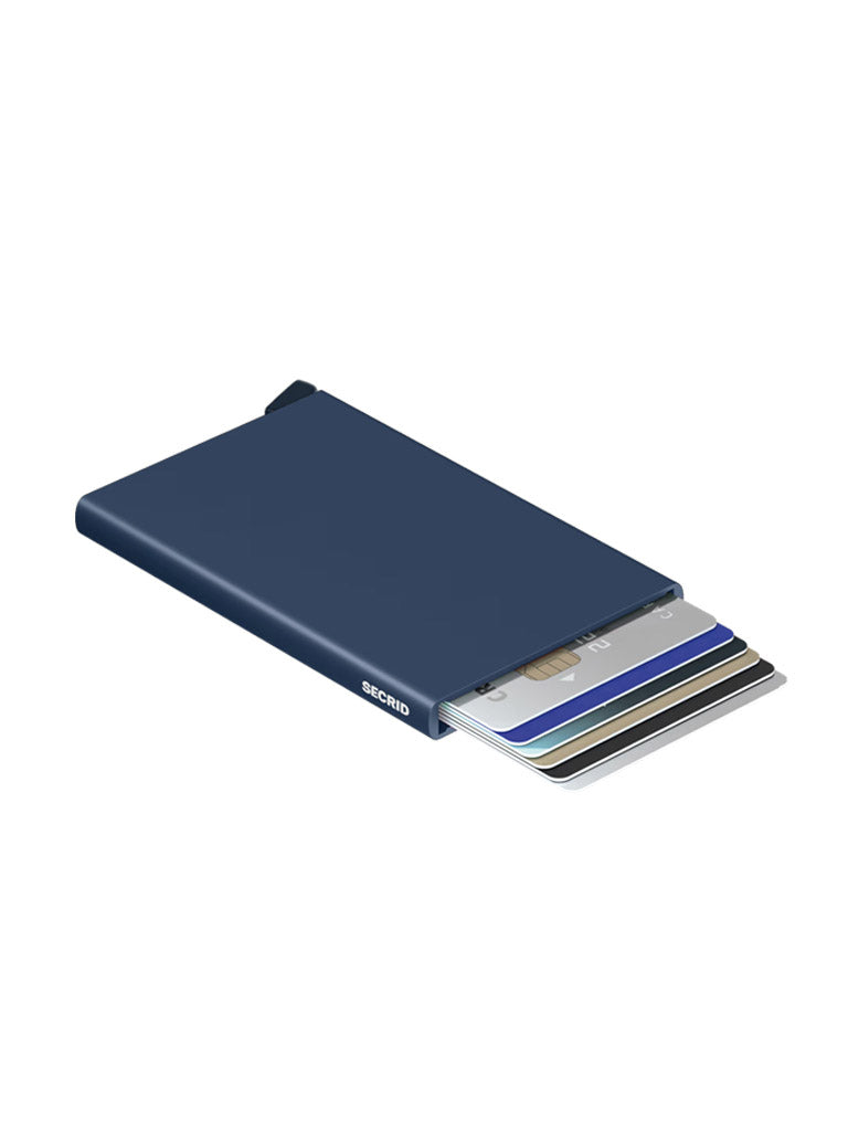 A slim Secrid Cardprotector Minimal Wallet in navy blue, shown with several credit cards partially ejected. This RFID-safe wallet offers modern security and style in a compact design.