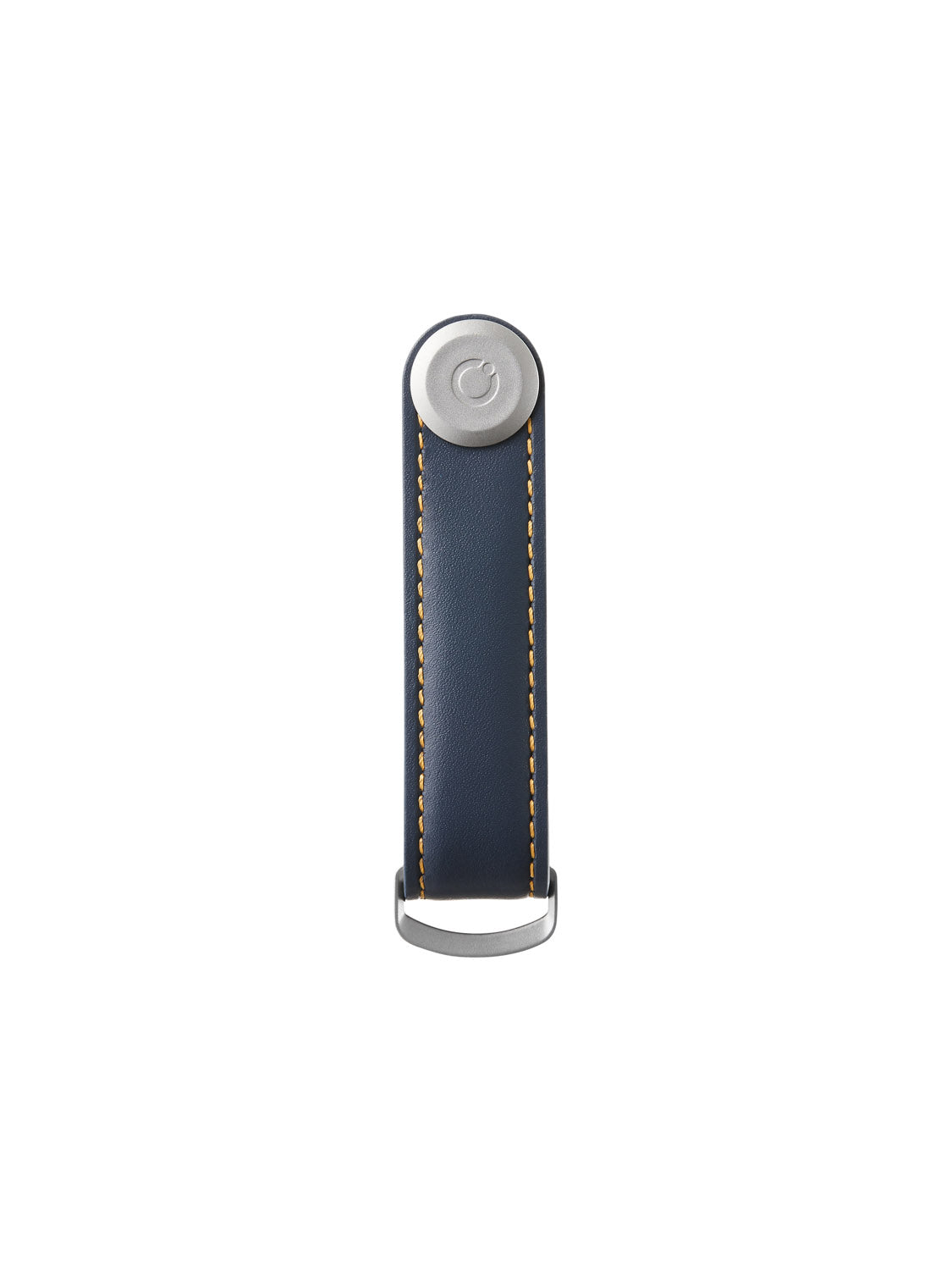 The Orbitkeys Key Organizer Leather is a navy blue leather key holder with orange stitching, a round silver button on top, and a silver metal loop at the bottom, stylishly displayed against a white background.