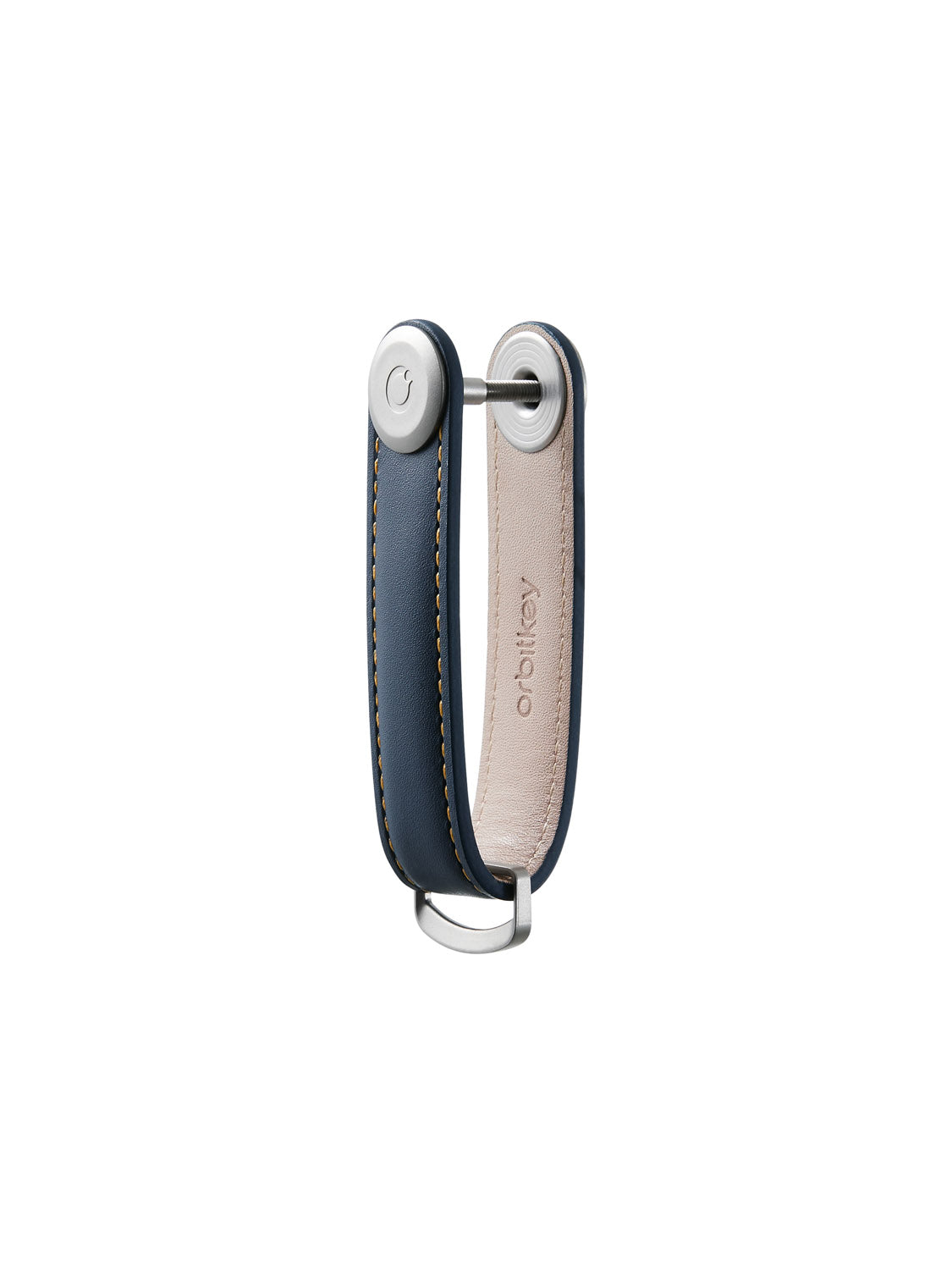 The Orbitkeys Key Organizer Leather features a navy blue exterior, light beige interior, silver metal hardware, and “Orbitkey” embossed on the inner strap—a stylish, practical keychain organizer for everyday use.