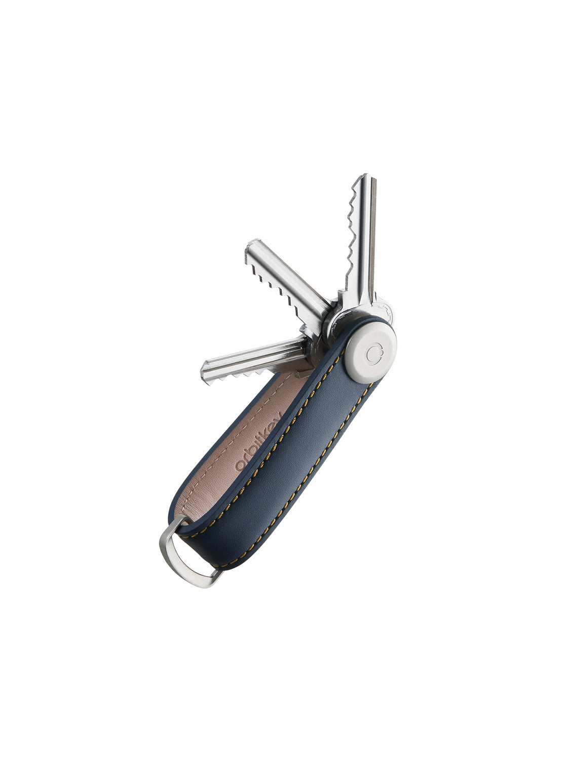The Orbitkeys Key Organizer Leather is a compact, pocket knife-style organizer with a metal frame. Its dark blue leather and yellow stitching offer a stylish, functional way to neatly hold multiple keys.