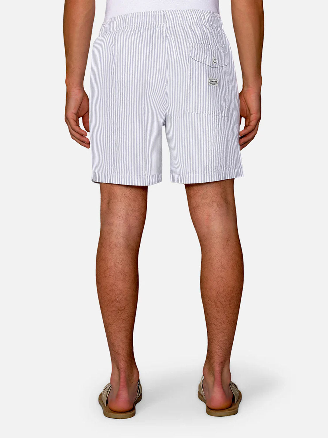 A person wearing The New Southwest Short by Industrie in light blue and white vertical stripes, paired with a white shirt and flip-flops, shown from the back against a plain background. These men's summer shorts are stylish and perfect for warm days.