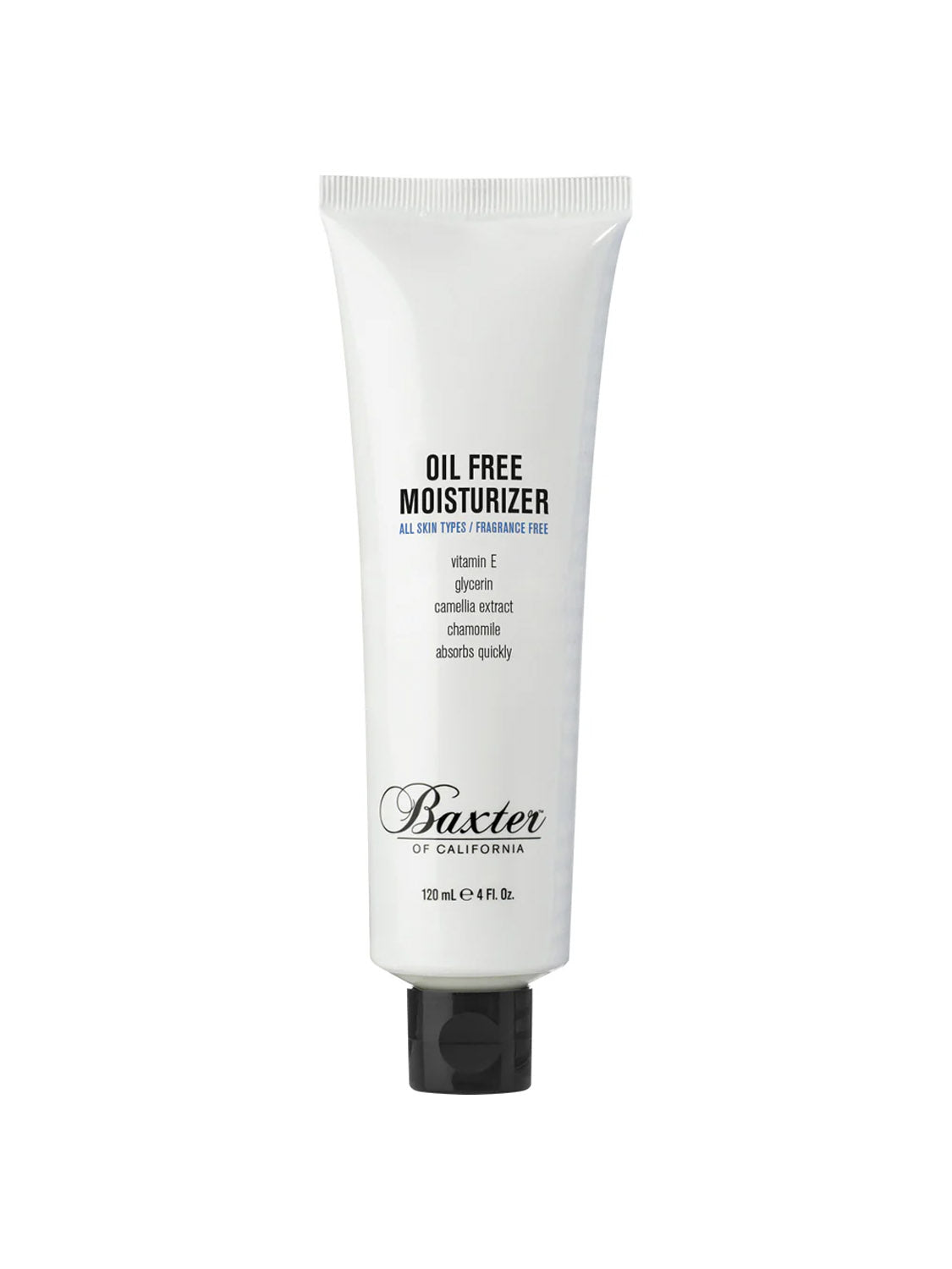 A white tube of Baxter Oil Free Moisturizer with black text and cap stands upright against a plain background.