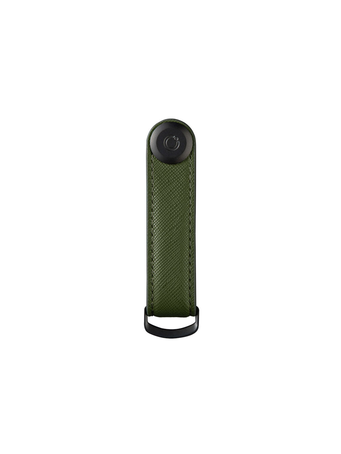 The Orbitkeys Key Organizer Saffiano Leather in green features a black top button and a black metal loop at the bottom, shown upright on a plain white background.
