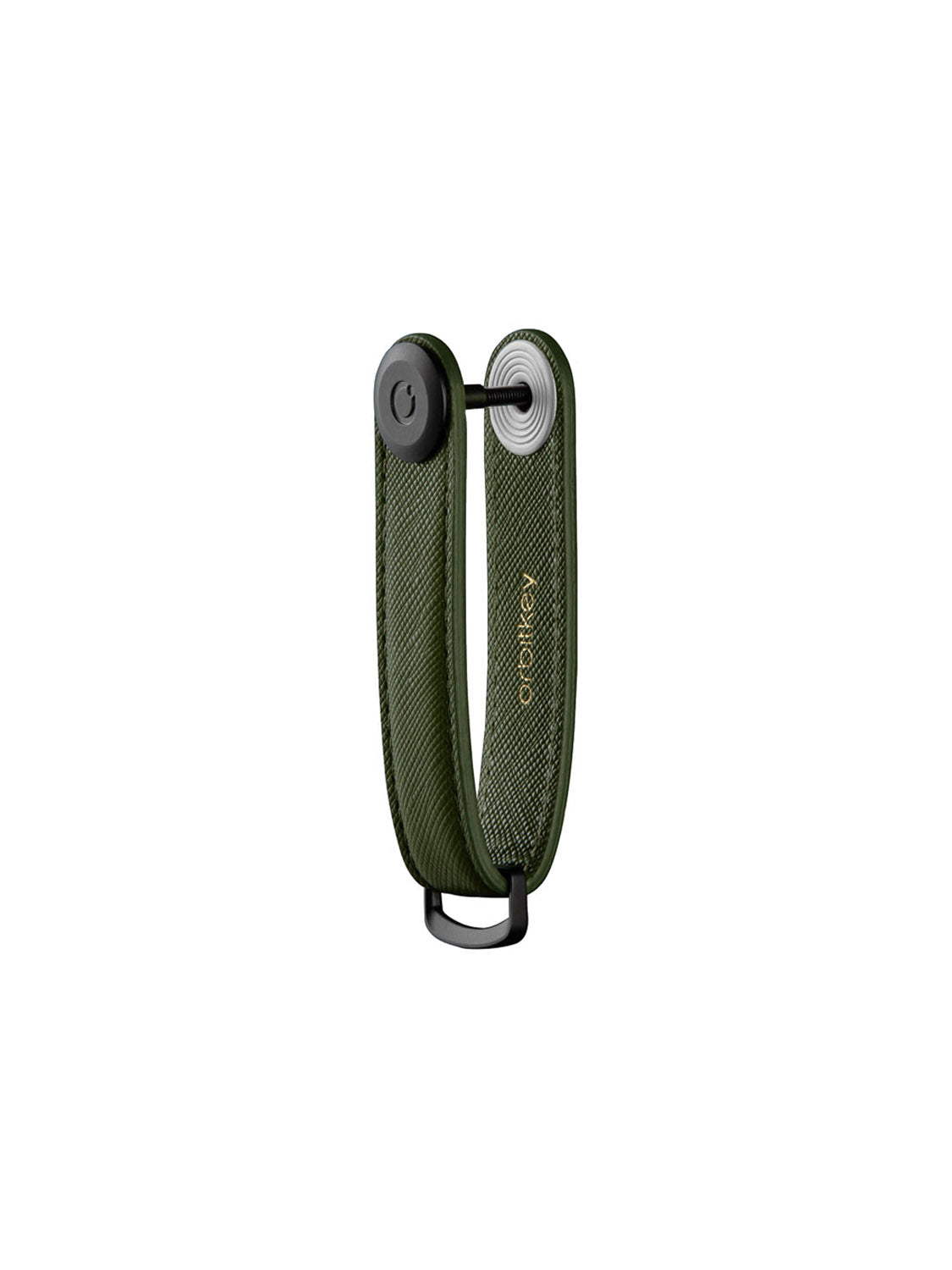 The Orbitkeys Key Organizer Saffiano Leather is a compact, olive-green key holder with black accents, metal hardware, and "Orbitkeys" in gold on its side. The organizer is shown partially open to display its mechanism.