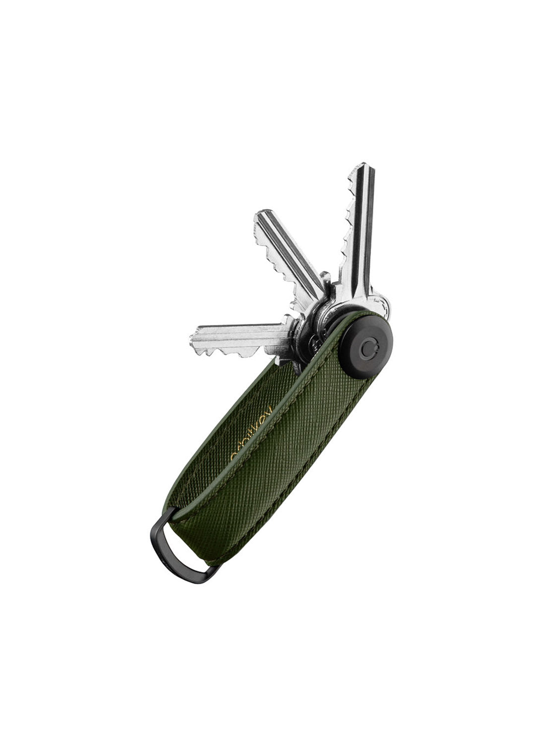 The Orbitkeys Key Organizer Saffiano Leather is a compact green organizer with a textured leather cover, holding several metal keys fanned out like a pocketknife, and features a black metal loop at one end.
