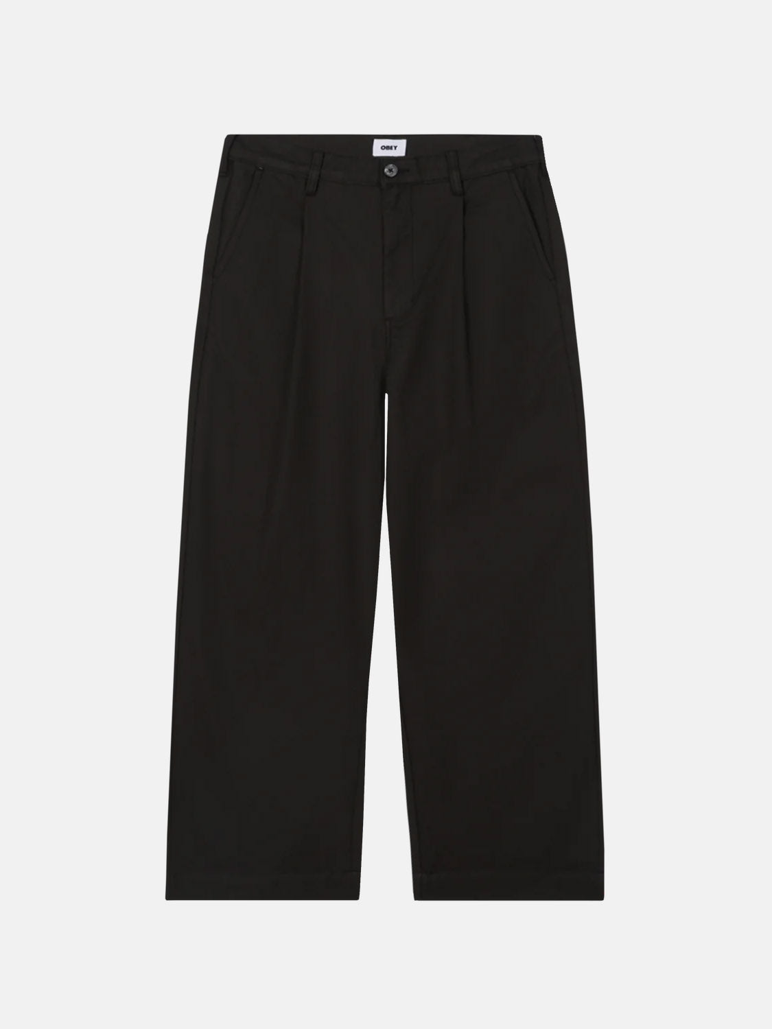 The Obey Oliver Pleated Pant features a high waist, wide-leg design with front pleats, belt loops, side pockets, and cuffed hems. Crafted from a pleated linen blend for style and comfort, its showcased against a plain white background.