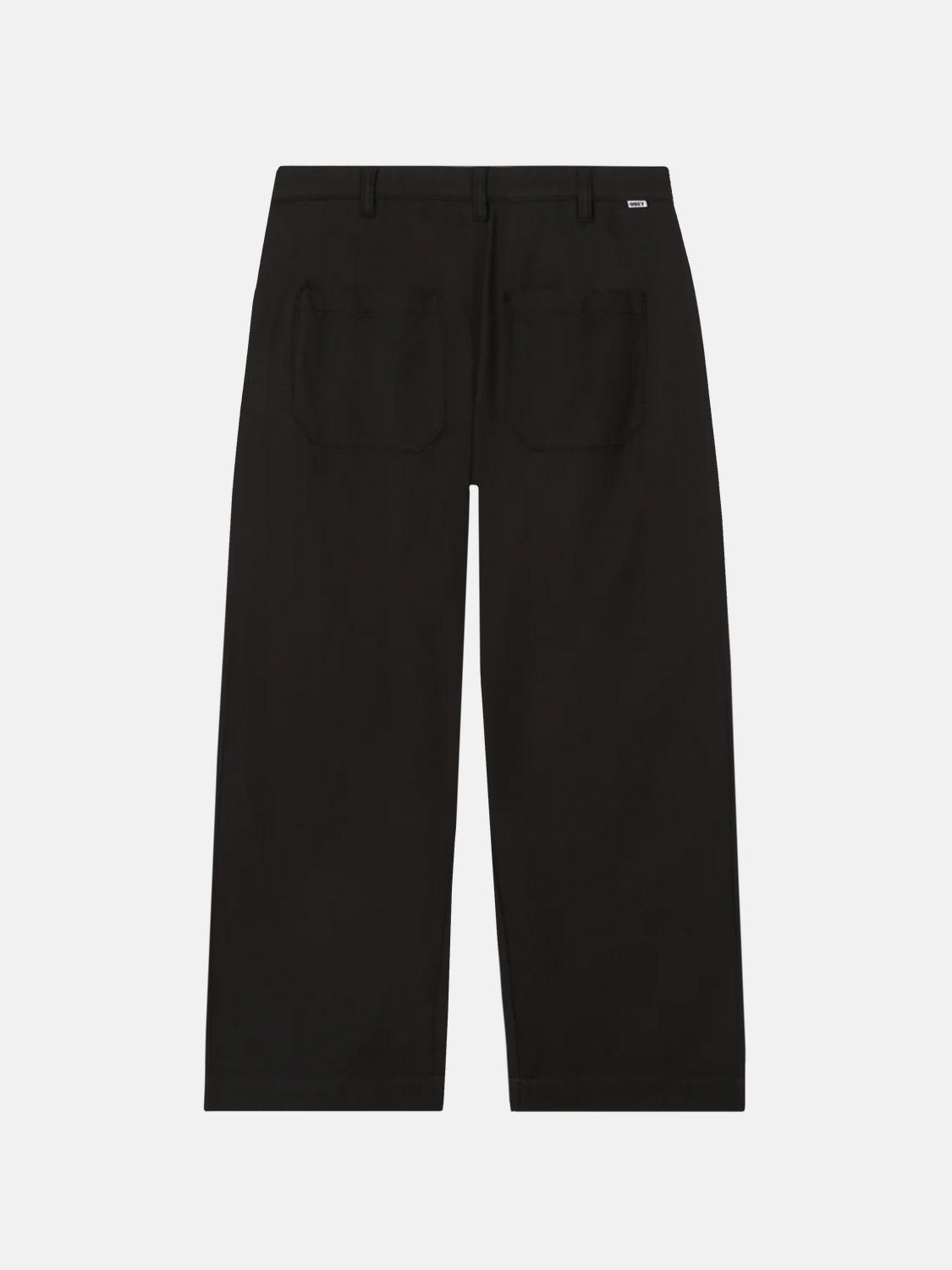 The Obey Oliver Pleated Pant offers style and comfort in one chic package. These black wide-leg trousers feature a relaxed fit with belt loops and two large back pockets, set against a plain white background.