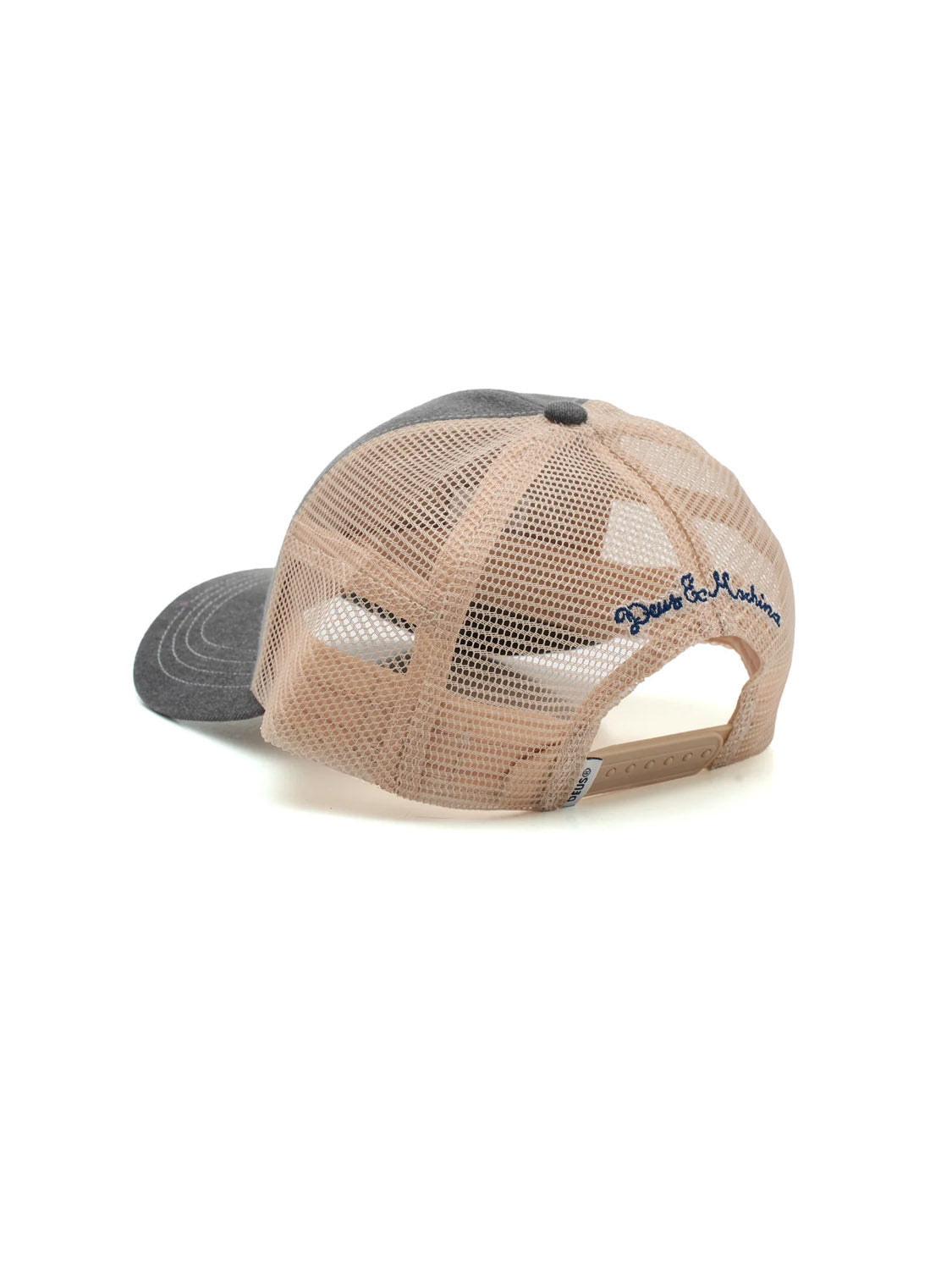 The Deus Open Head Trucker features a classic fit with a dark gray cotton twill front and bill, beige mesh panels, adjustable snapback, and blue cursive embroidery above the back opening.