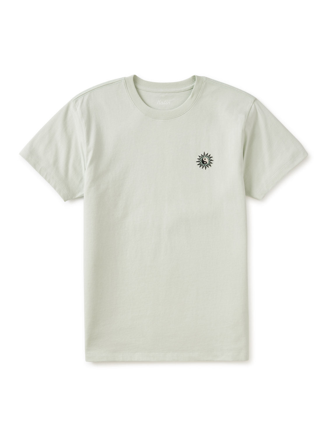 The Katin Orb Embroidered Tee by Katin is a light gray organic cotton T-shirt featuring a small black sun graphic on the left chest, shown on a white background.