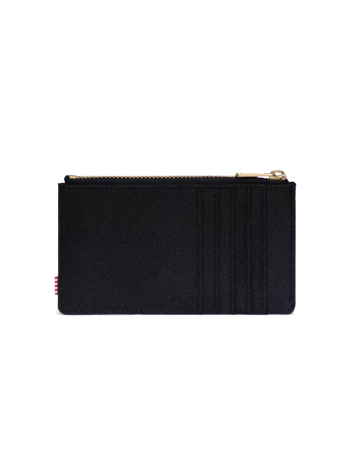 The Herschel Oscar Large Cardholder Wallet is a slim black wallet featuring multiple card slots on one side, RFID blocking, and a gold top zipper, shown against a white background.
