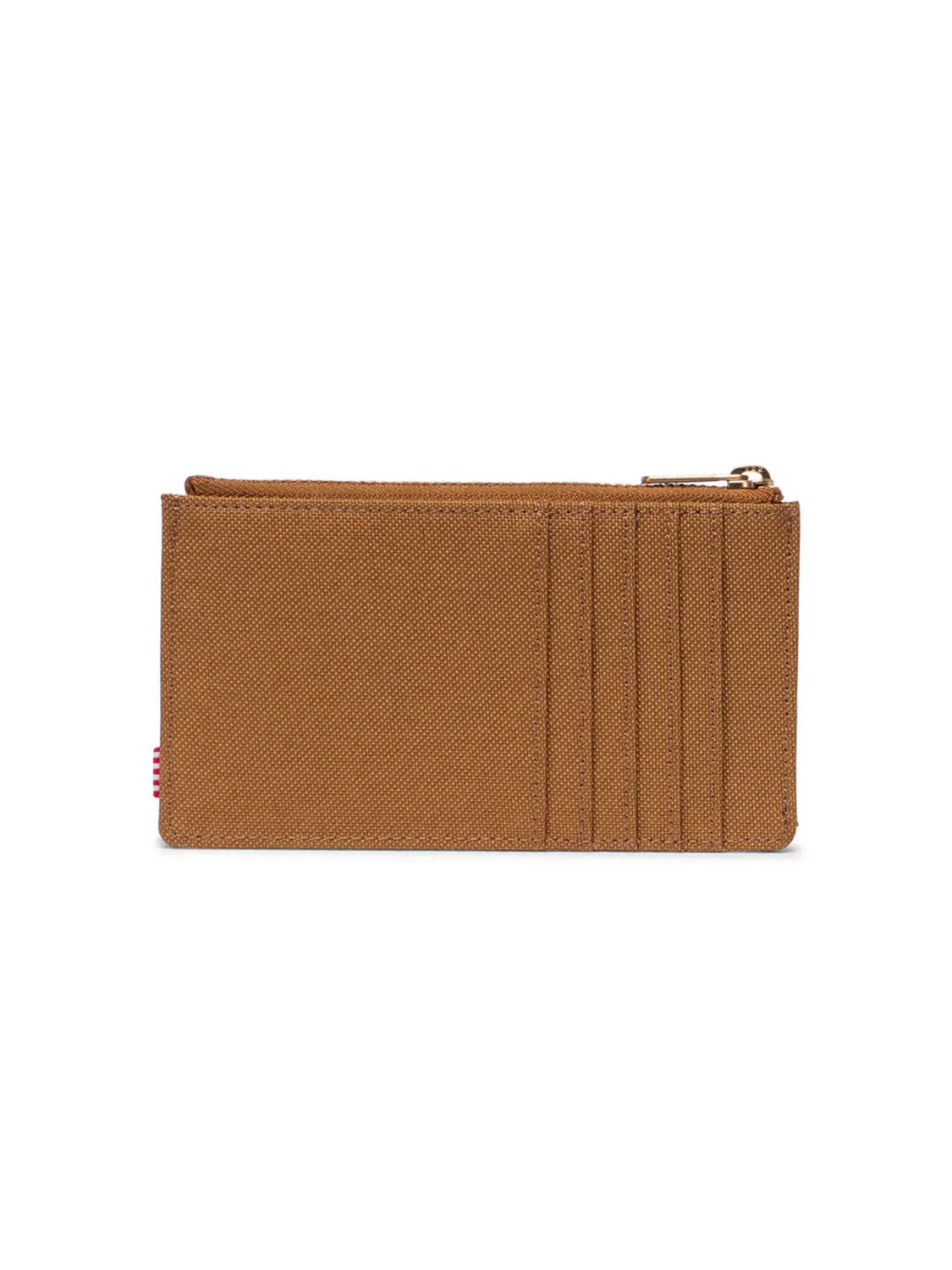 The Herschel Oscar Large Cardholder Wallet is a tan canvas pouch made from recycled polyester, with a top zipper and five vertical front card slots, shown against a white background.
