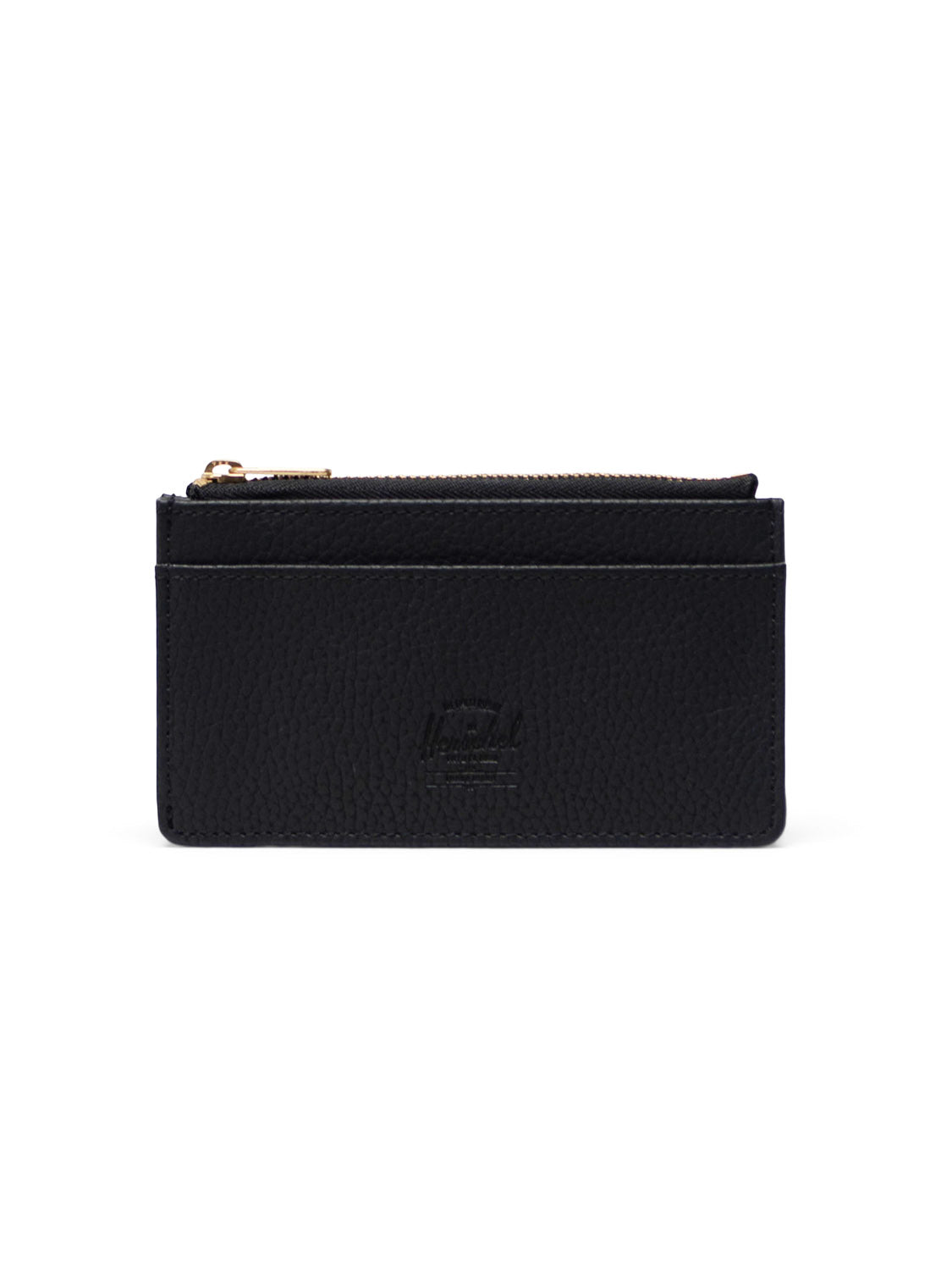 The Herschel Oscar Vegan Leather Wallet features a black vegan leather build, top zippered compartment with gold pull, embossed front logo, and RFID blocking protection for security.