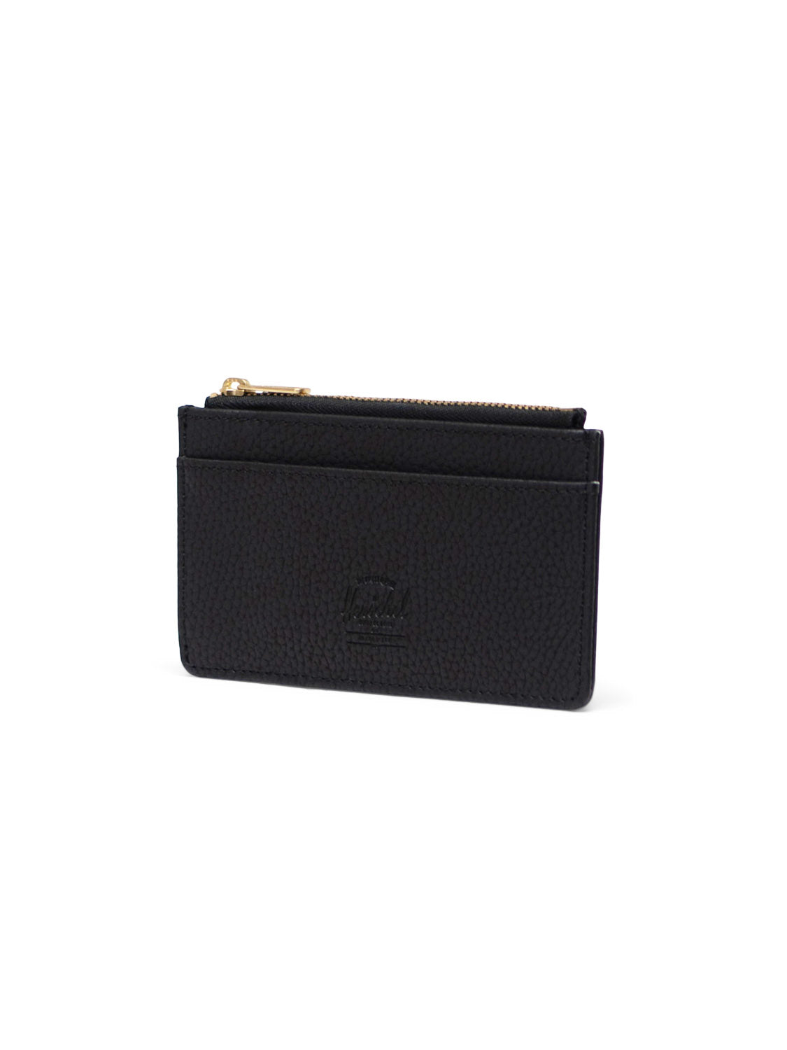 The Oscar Vegan Leather Wallet by Herschel features black textured vegan leather, two card slots, a central pocket, a top gold zipper, and an embossed Herschel logo on the front for a stylish finish.