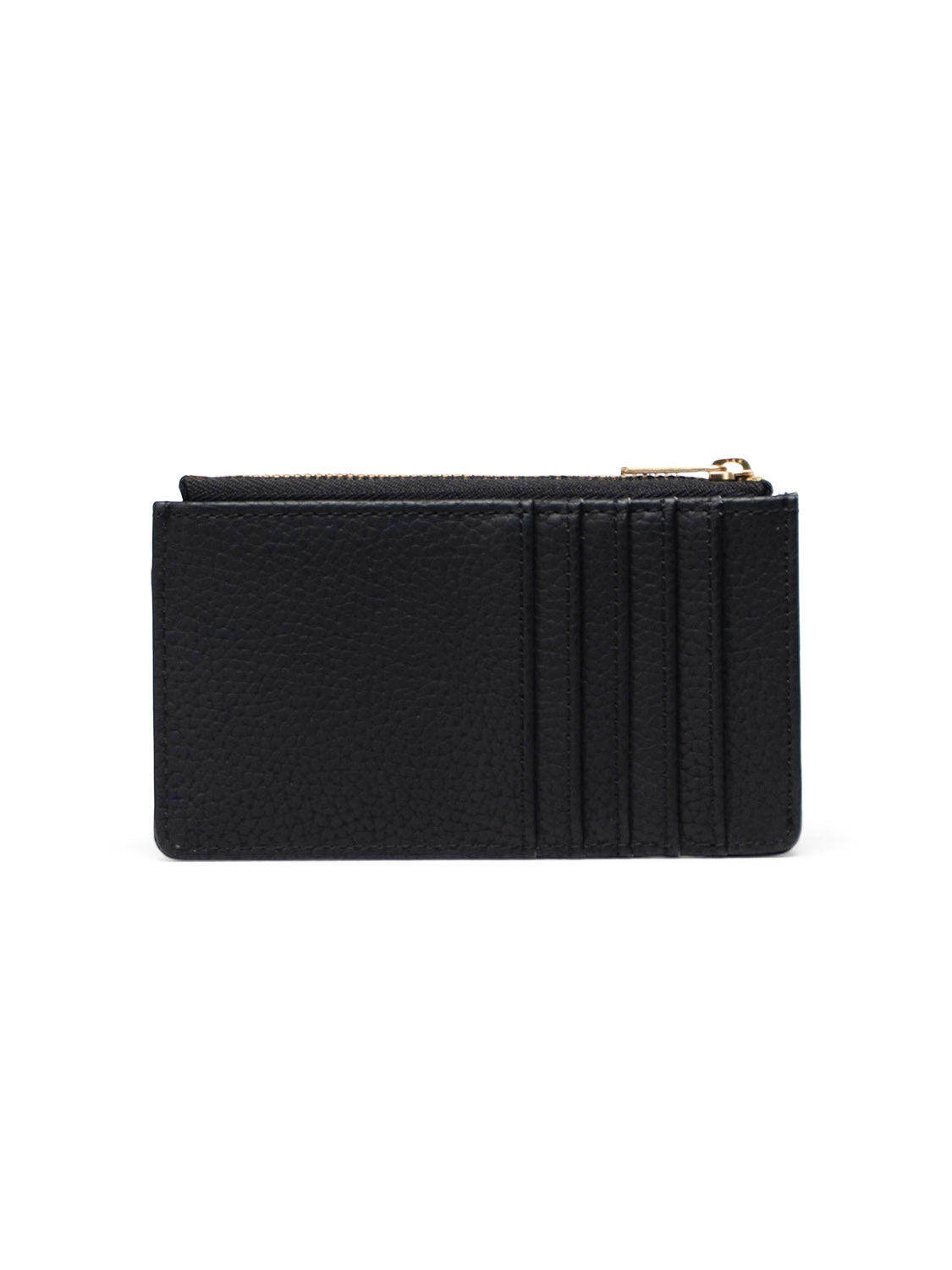 The Herschel Oscar Vegan Leather Wallet is a black, textured cardholder with four right-side card slots and a top zippered pocket featuring a gold zipper pull.