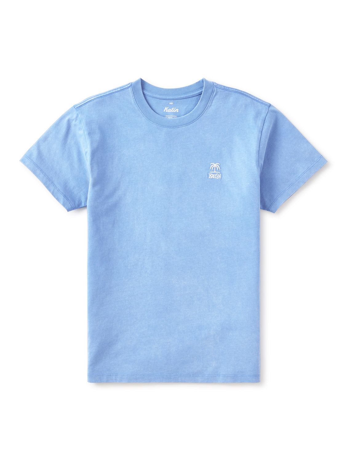 The Katin K-Palm Embroidered Tee by Katin is a light blue, short-sleeve crew neck made from soft organic cotton, featuring a small white palm tree logo embroidered on the left chest and shown on a plain white background.