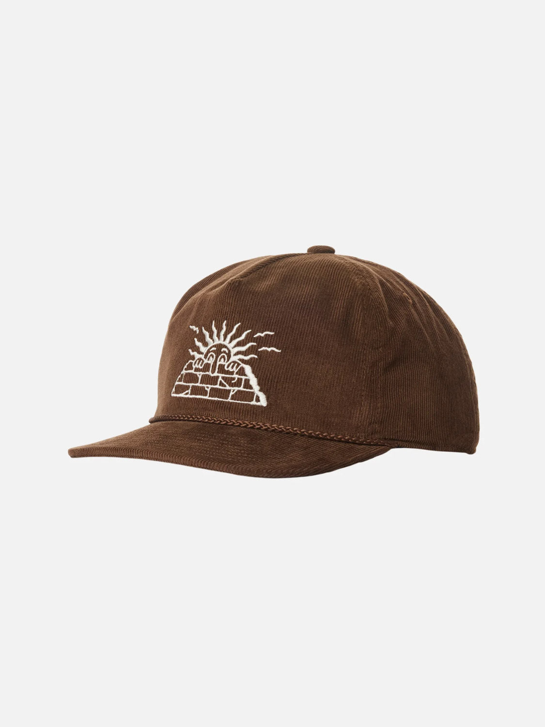 The Katin Peaks Hat is a brown 5-panel cotton corduroy cap with white embroidery of a pyramid, sun, and birds on the front. It features an adjustable snapback closure and is shown against a plain white background.