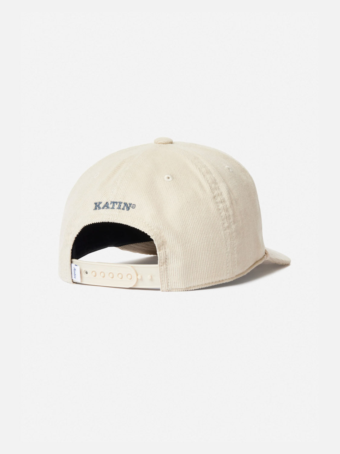 Katin Peaks Hat in beige cotton corduroy, shown from the back with an adjustable snapback and "KATIN" embroidered in blue above the opening.