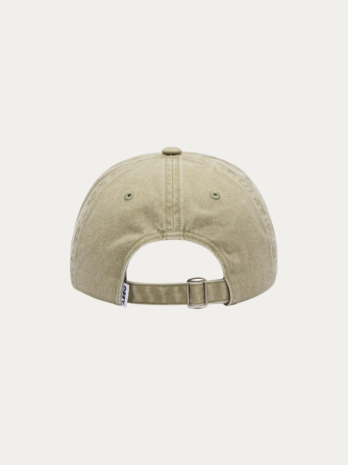 The Obey Pigment Bold 6 Panel Strapback, shown from the back, features a khaki color, adjustable metal buckle, small left-side fabric tag, and is made from 100% cotton. The background is plain white.