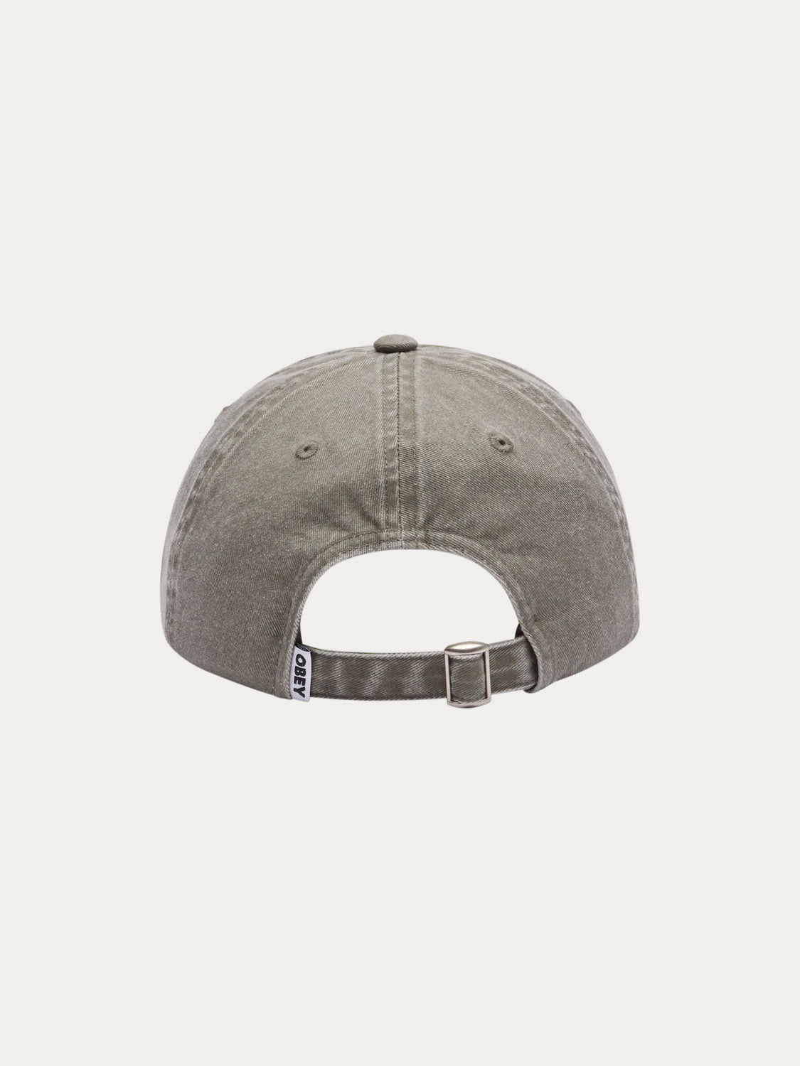 The Obey Pigment Bold 6 Panel Strapback is a gray 100% cotton hat with an adjustable metal buckle and a small white tag by the strap, shown from the back against a plain white background.