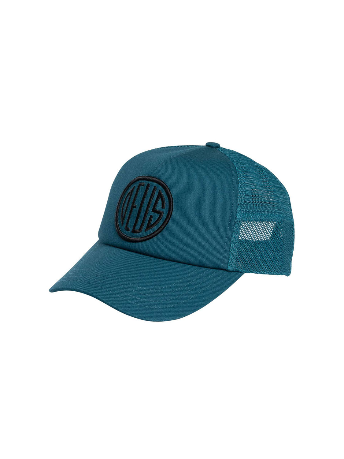 The Pill Trucker by Deus is a teal cap with a curved brim, mesh back, and a round black patch with DEUS text. This embroidered hat features a snapback closure for adjustable fit, displayed on a white background.