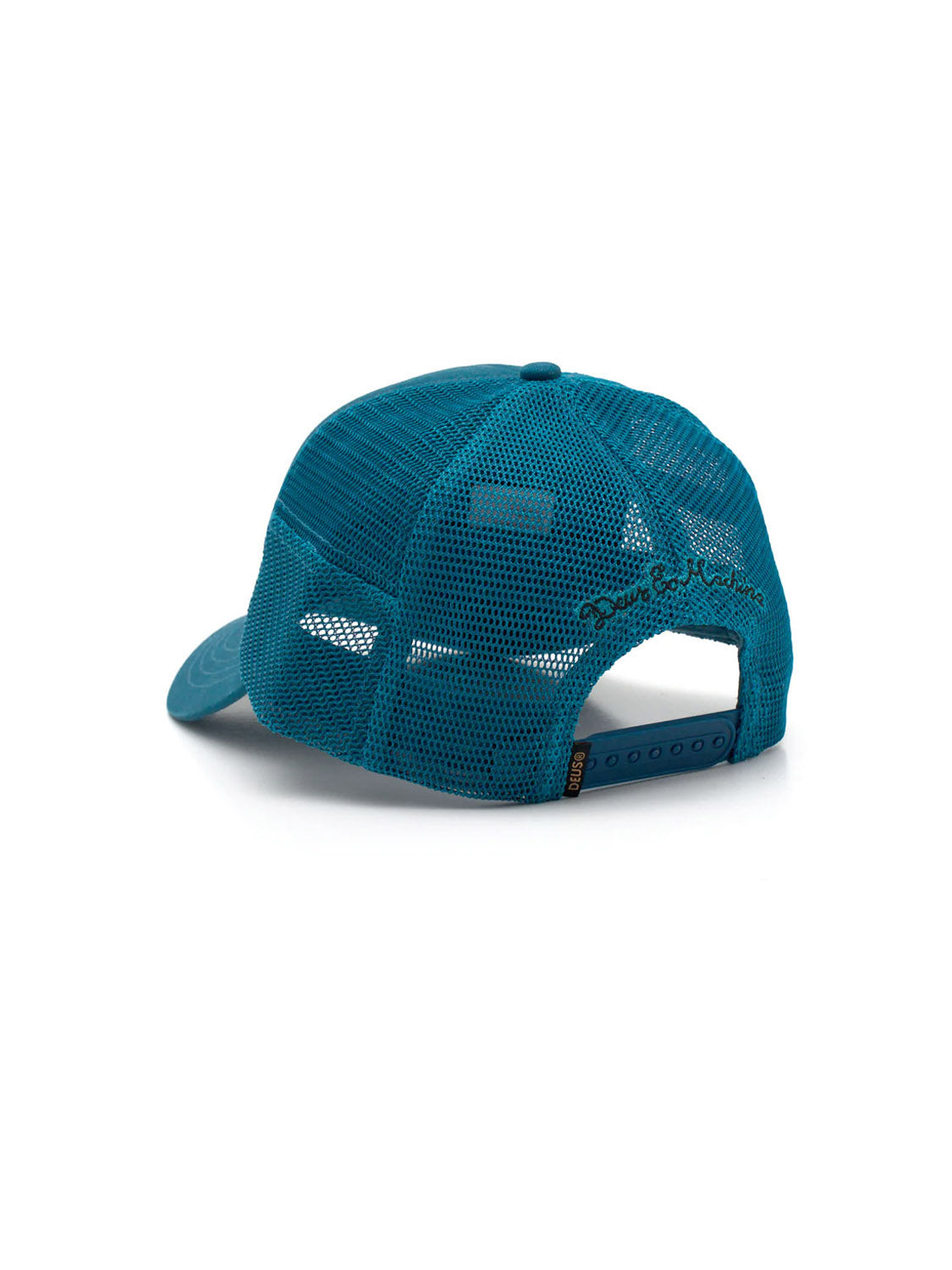 The Deus Pill Trucker is a teal mesh-back cap shown from the rear, with an adjustable snapback closure and embroidered text above the strap on the right side.