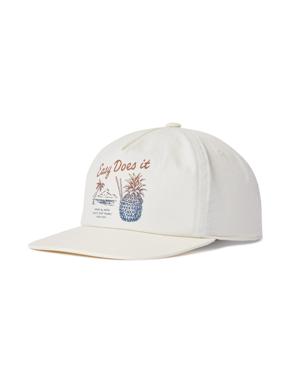 The Katin Pina Nylon Hat from Katin is a cream baseball cap featuring Easy Does It with a pineapple, straw, and palm trees. Its designed for style and comfort with an adjustable snapback closure.