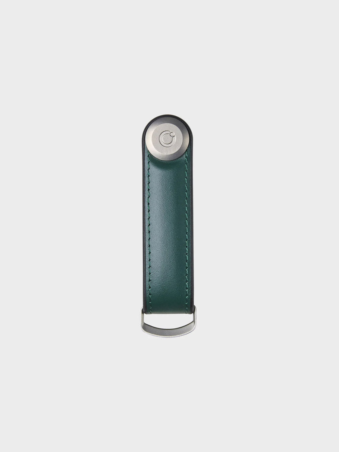 The Orbitkeys Key Organizer Hybrid Leather in green Nappa leather features a secure locking mechanism, silver metal button at the top, and metal loop at the bottom, photographed against a plain white background.