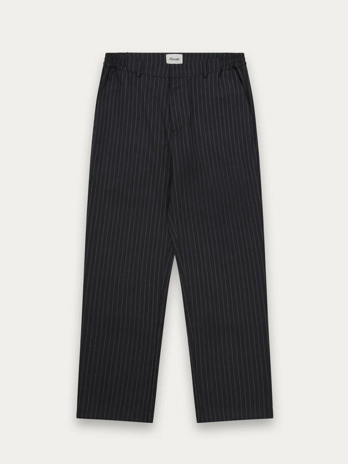 The Kuwalla Pinstripe Ponti Trouser is a pair of black dress pants with white vertical stripes, featuring an elastic waistband and straight leg design, shown laid flat on a white background.